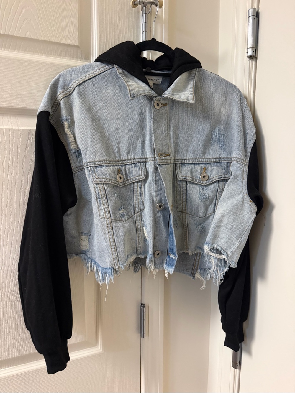 Dance & Marvel Light Blue Distressed Denim Jacket with Black Hoodie Sleeves
